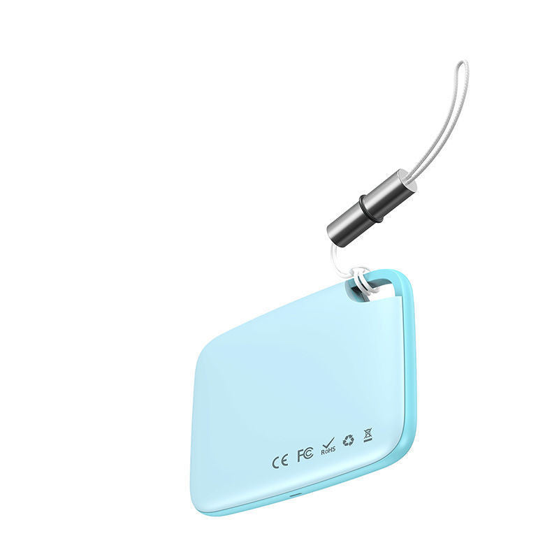 Blue Bluetooth anti-lost tracker compatible with smartphones for finding personal belongings.